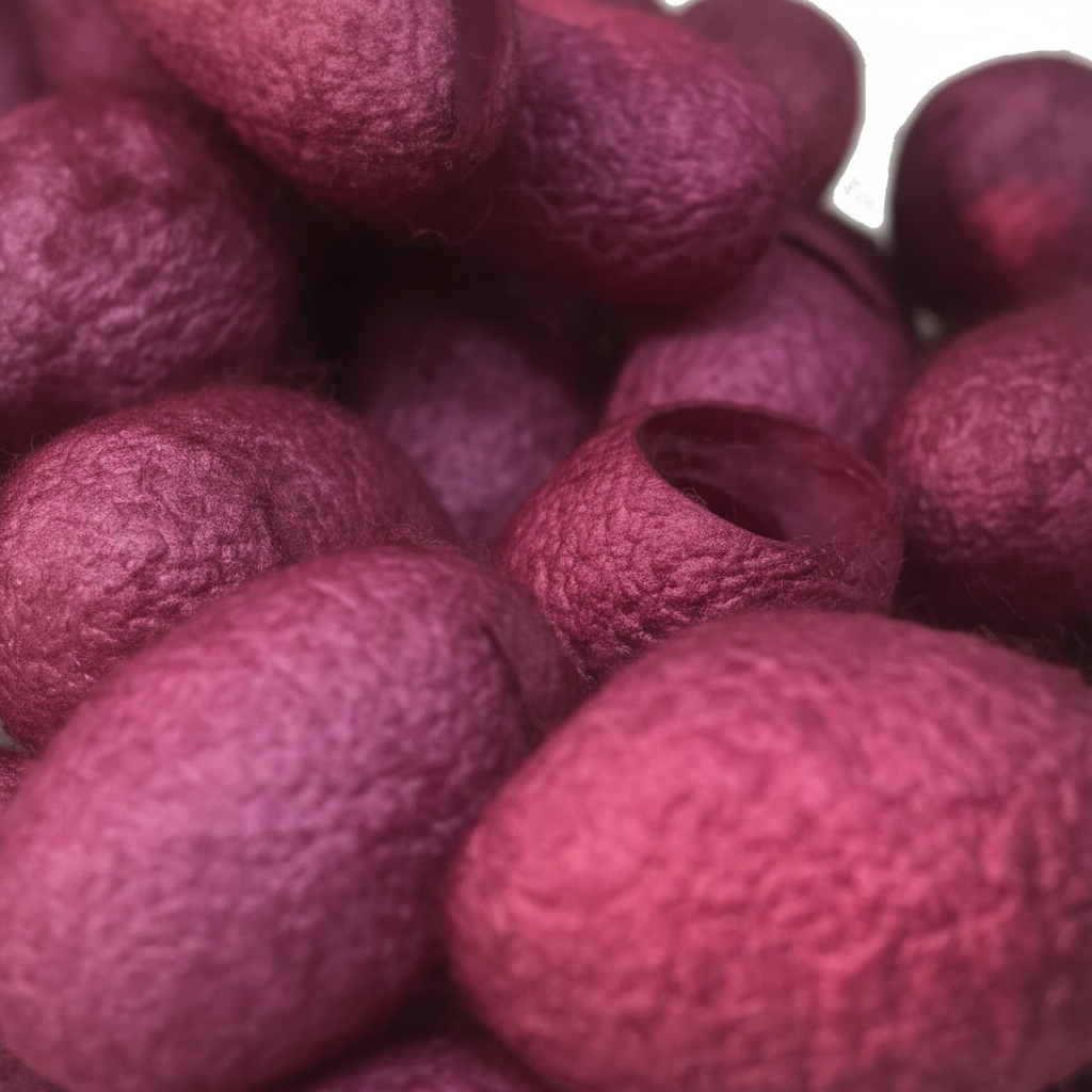 Close-up – Hand-dyed burgundy wine mulberry silk cocoons texture