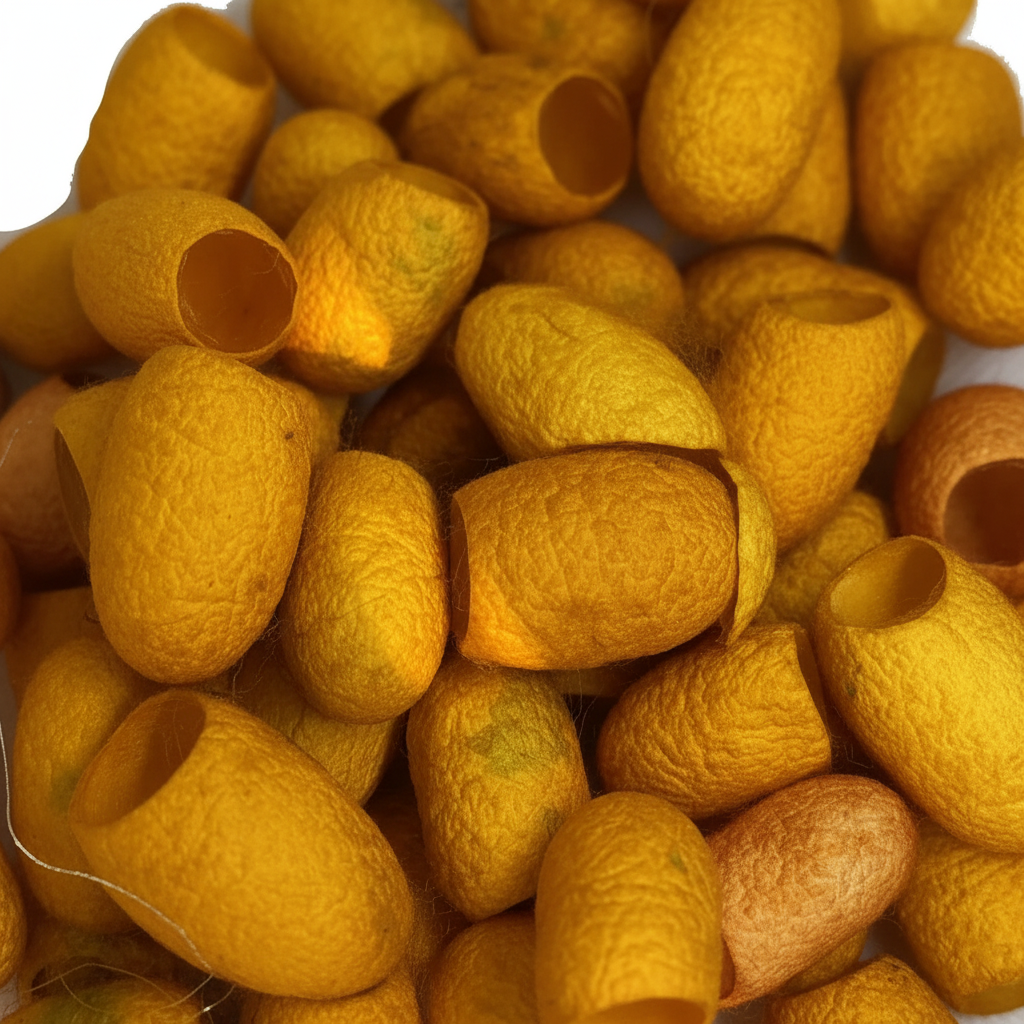 Close-up – Hand-dyed golden amber turmeric mulberry silk cocoons texture