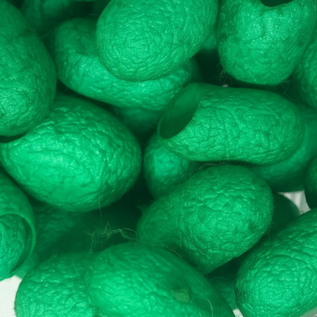 Close-up – Hand-dyed kelly green mulberry silk cocoons texture