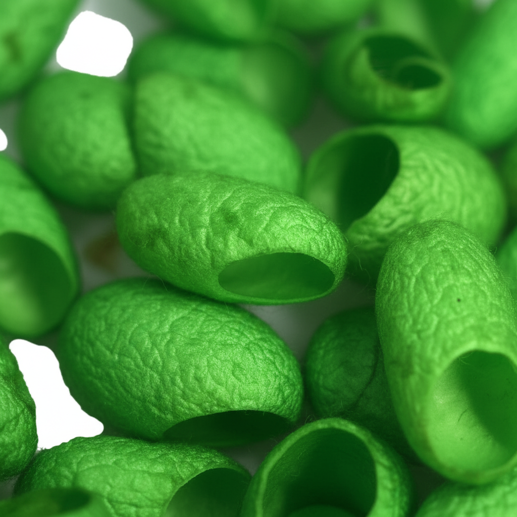 Close-up – Hand-dyed lime apple green mulberry silk cocoons texture