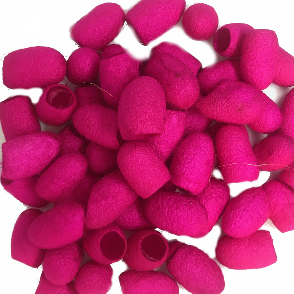 Close-up – Hand-dyed rose magenta mulberry silk cocoons texture
