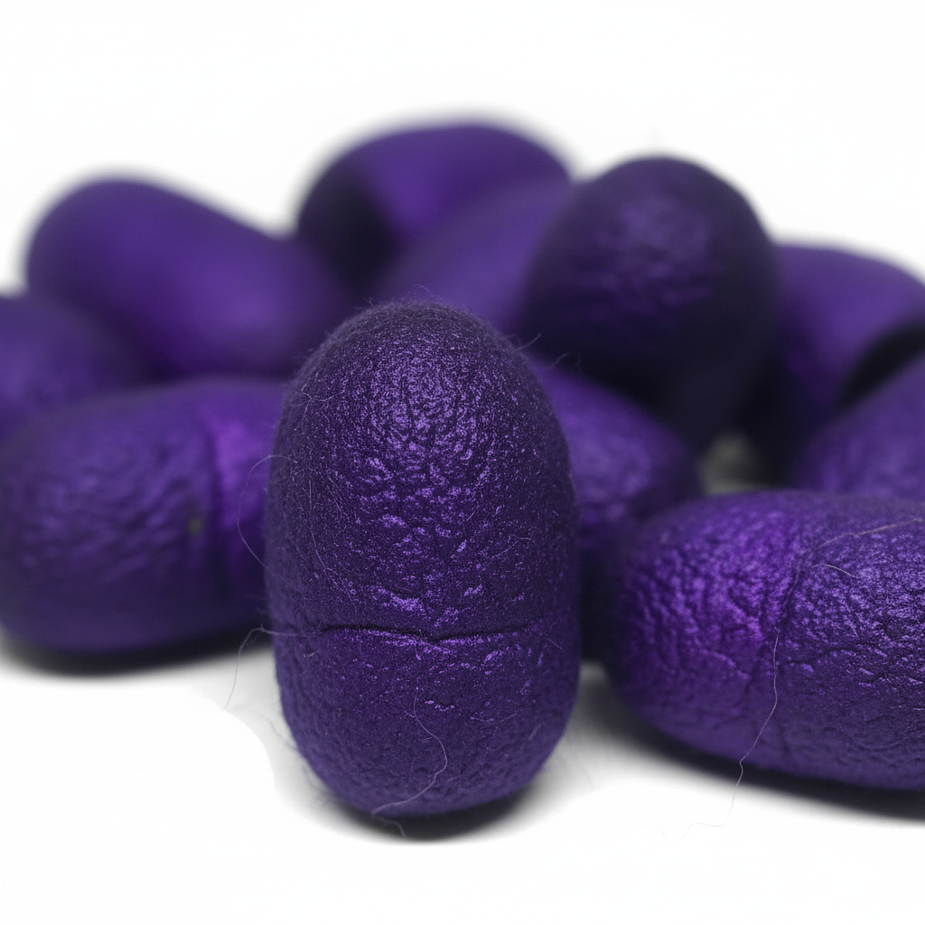 Close-up – Hand-dyed royal purple mulberry silk cocoons texture