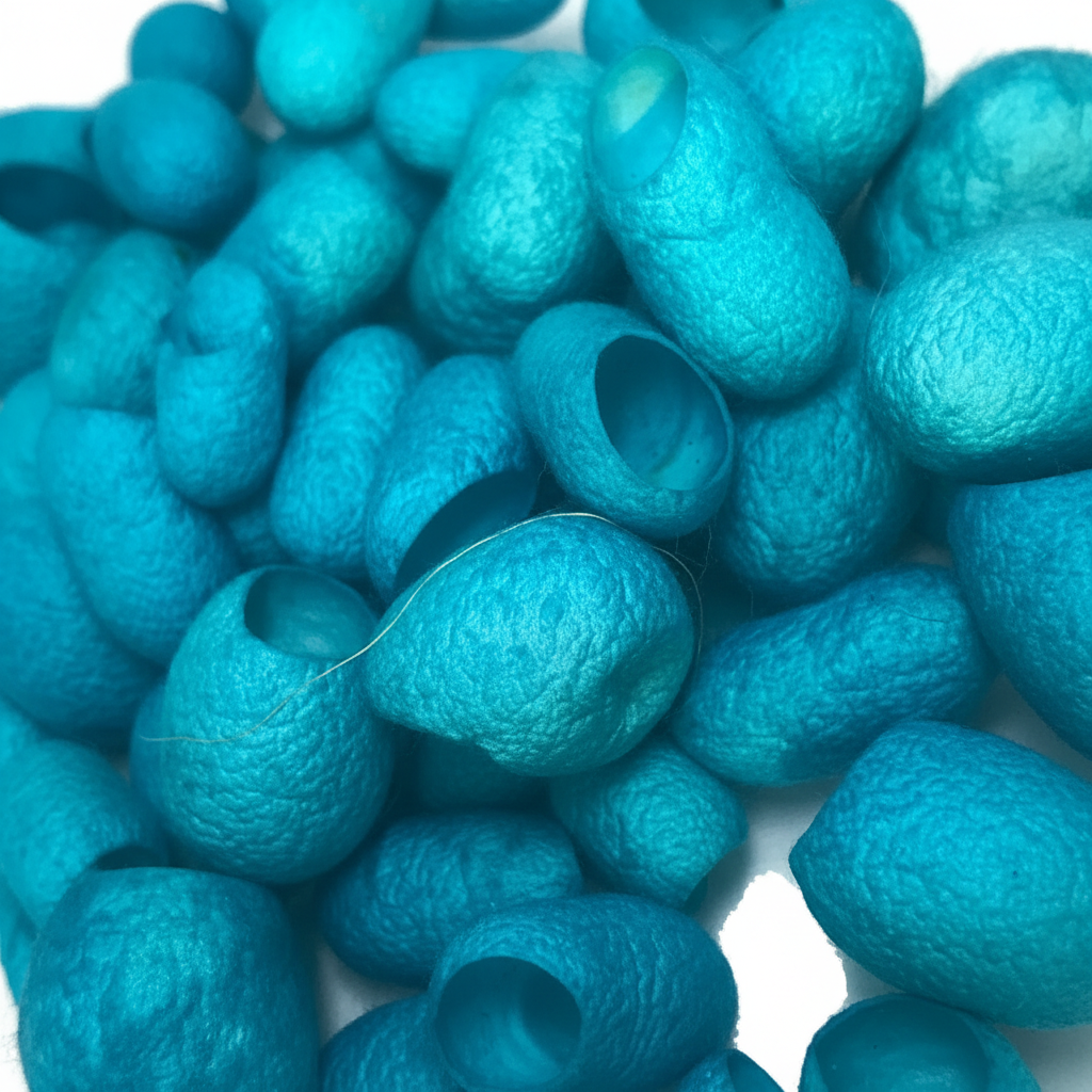 Close-up – Hand-dyed turquoise mulberry silk cocoons texture