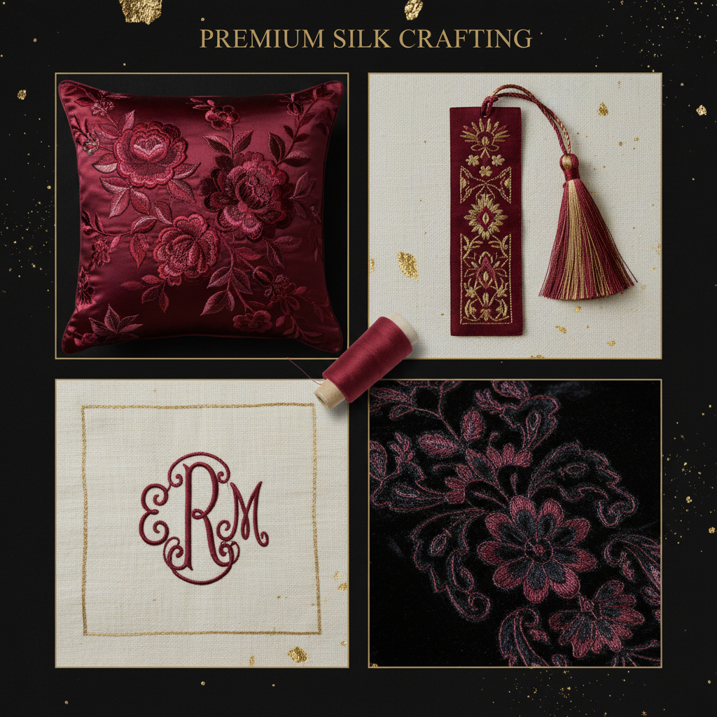 Collage – Burgundy Silk Thread End Products