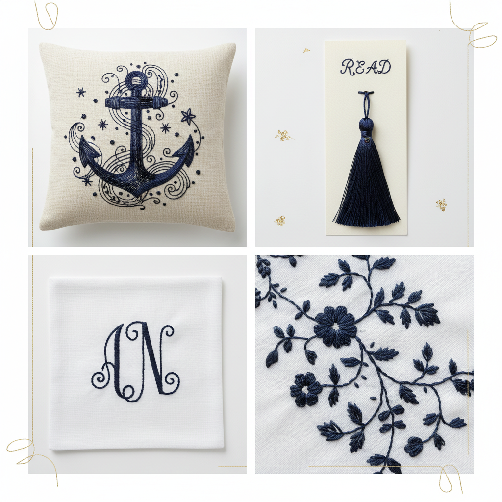Collage – Deep Navy Silk Thread End Products