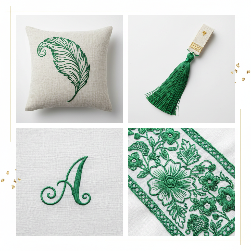 Collage – Emerald Green Silk Thread End Products