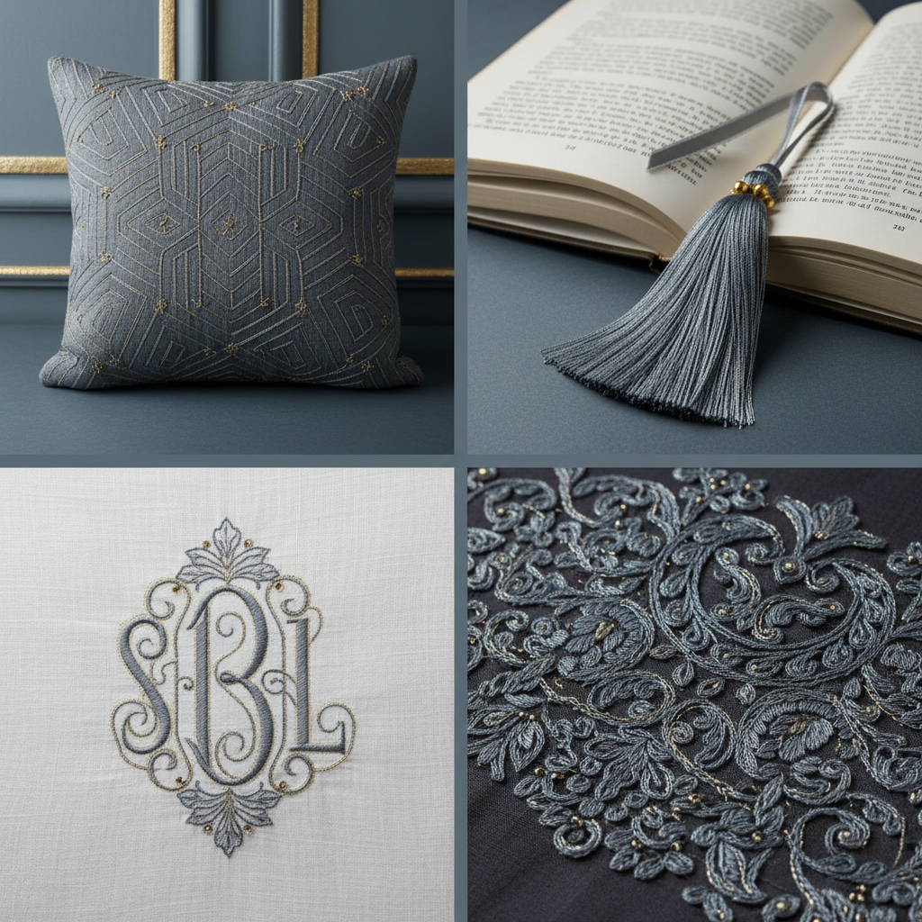 Collage – Steel Blue Grey Silk Thread End Products