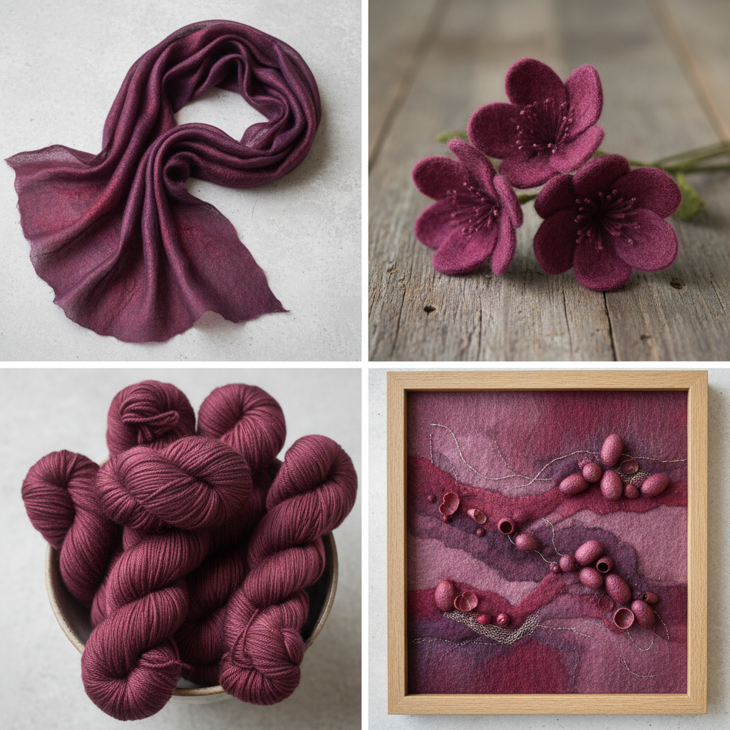 Collage – Textile art made from hand-dyed burgundy plum silk cocoons