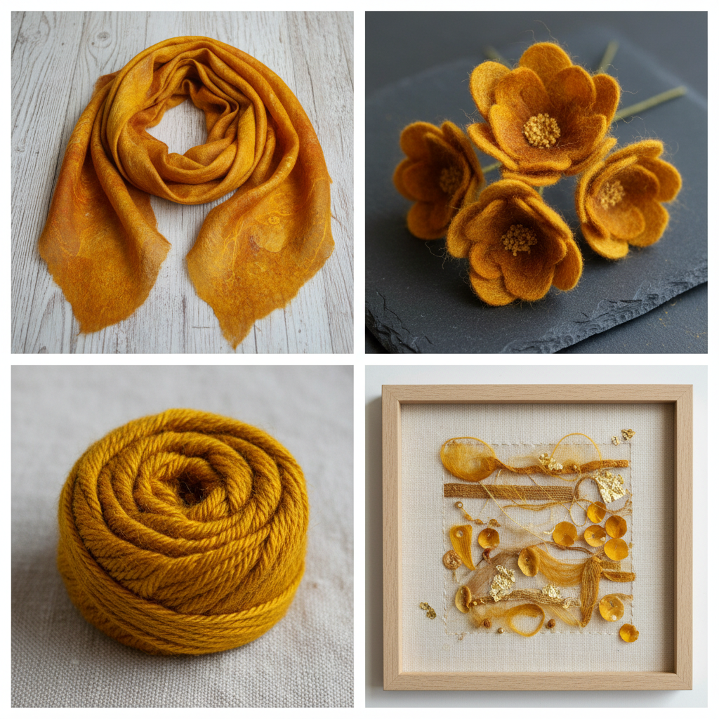 Collage – Textile art made from hand-dyed golden amber silk cocoons