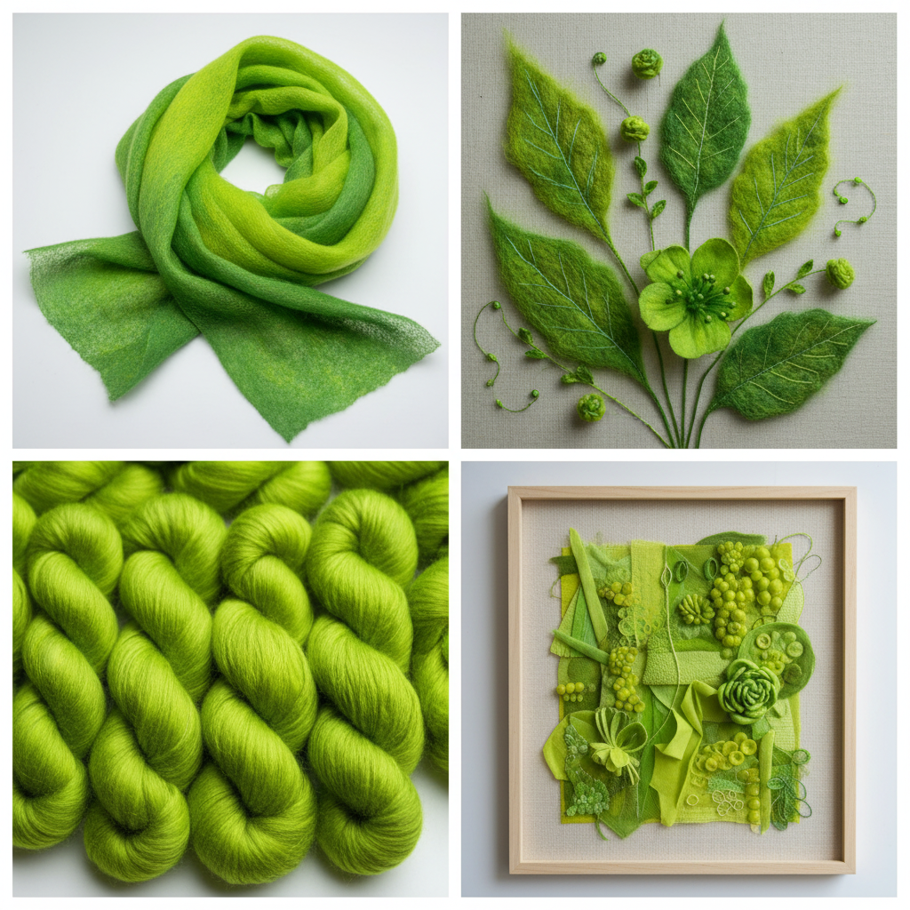 Collage – Textile art made from hand-dyed lime green silk cocoons