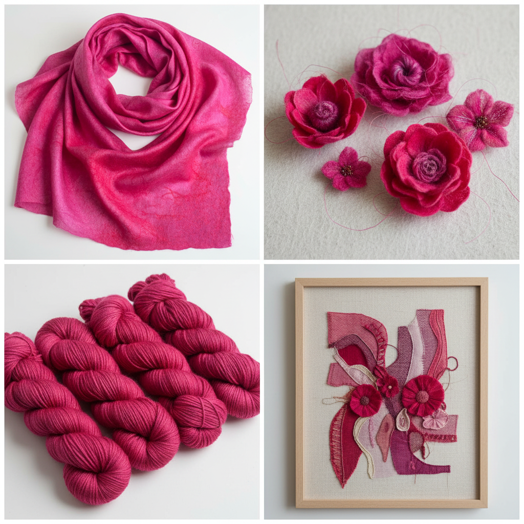 Collage – Textile art made from hand-dyed rose magenta silk cocoons