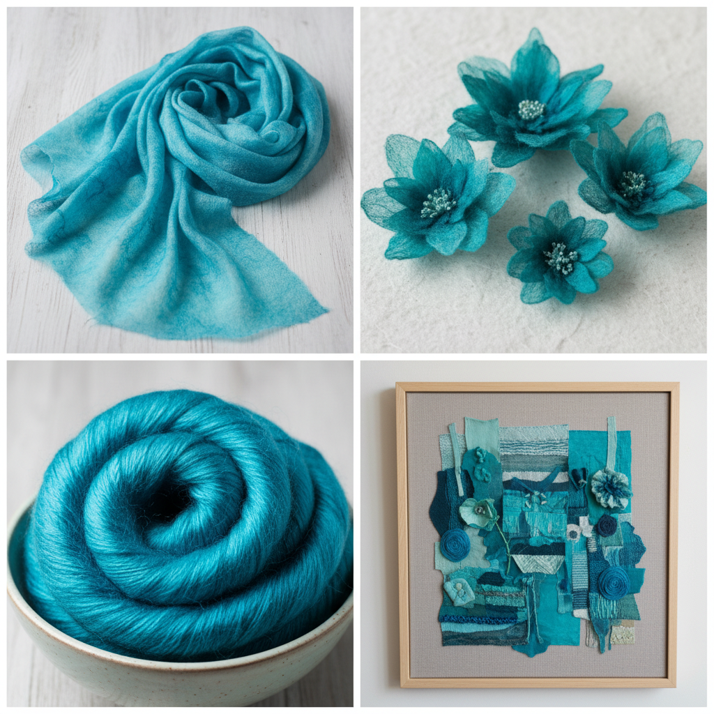 Collage – Textile art made from hand-dyed turquoise silk cocoons