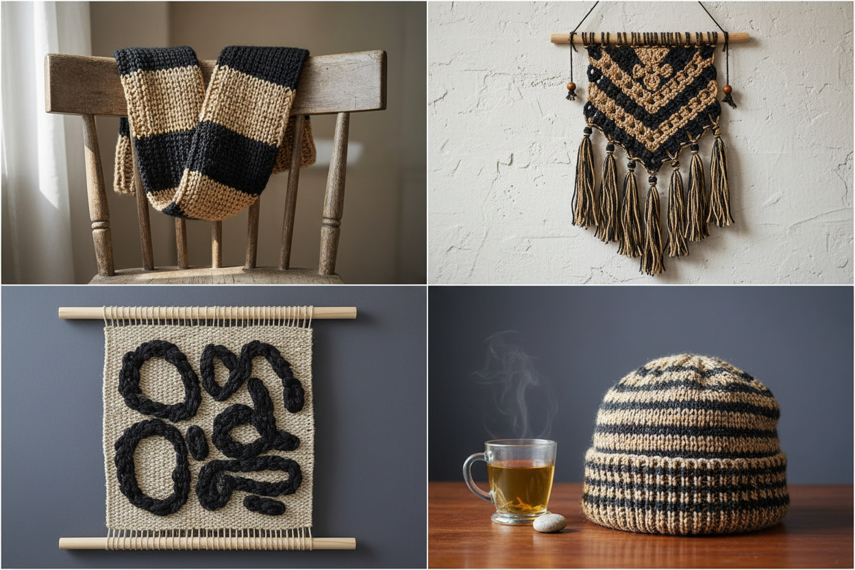 End Product Collage – Black & Beige Yarn