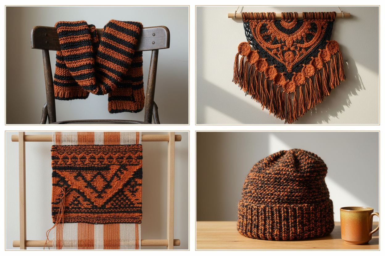 End Product Collage – Black & Orange Yarn