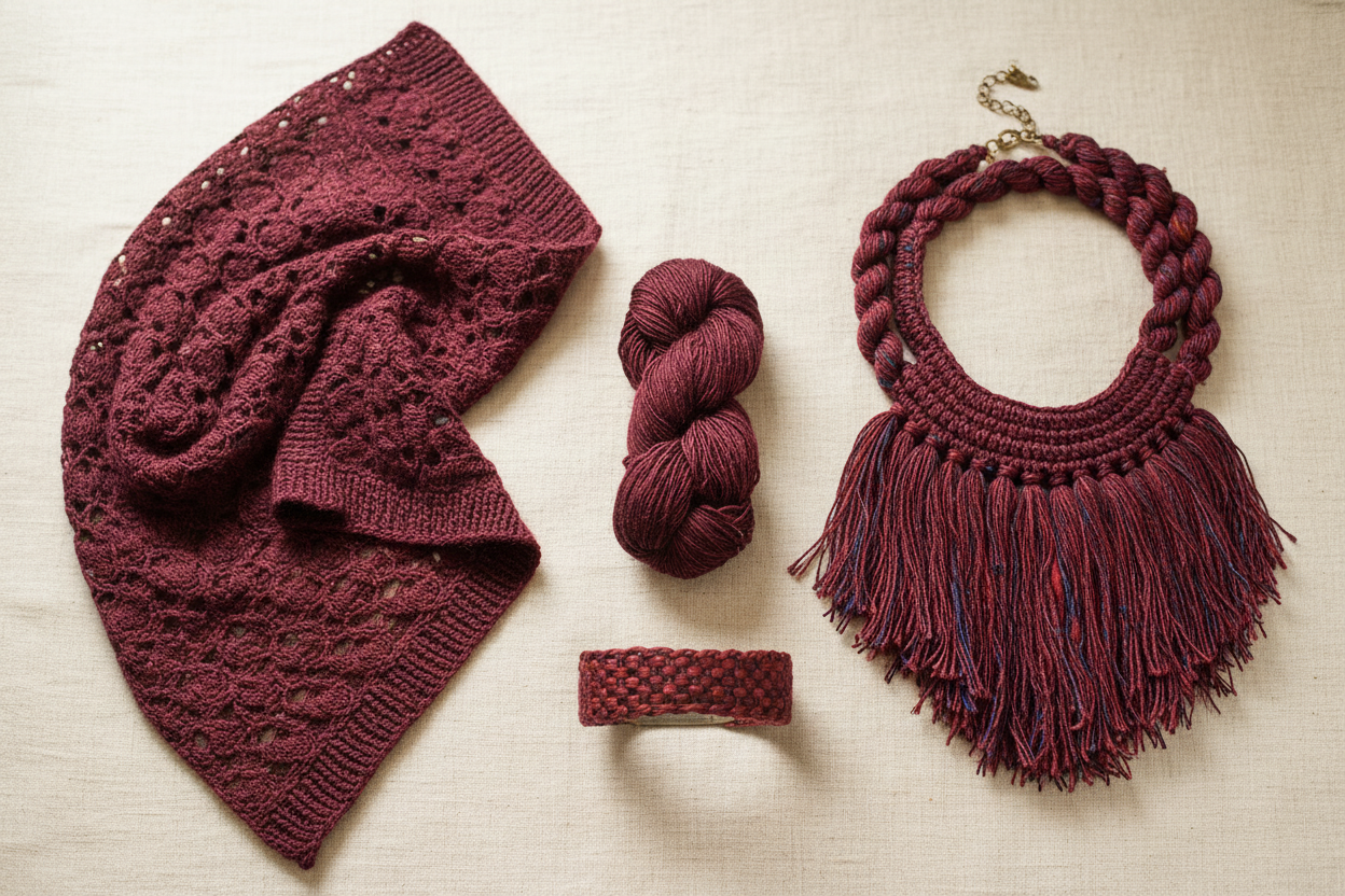 End Product Collage – Burgundy Sari Silk Yarn