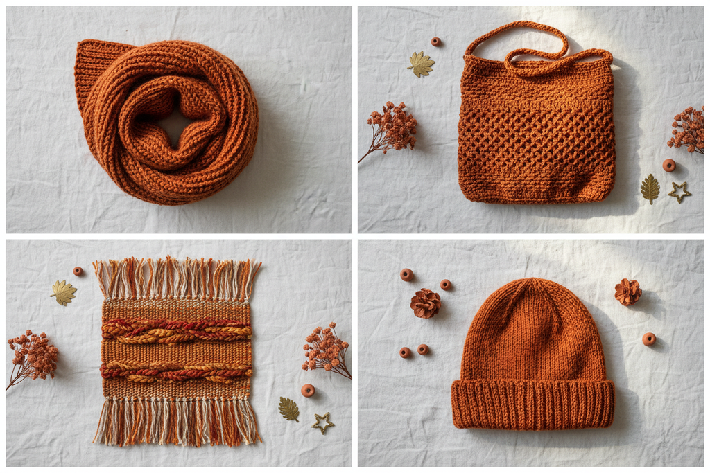 End Product Collage - Burnt Orange Sari Silk Yarn