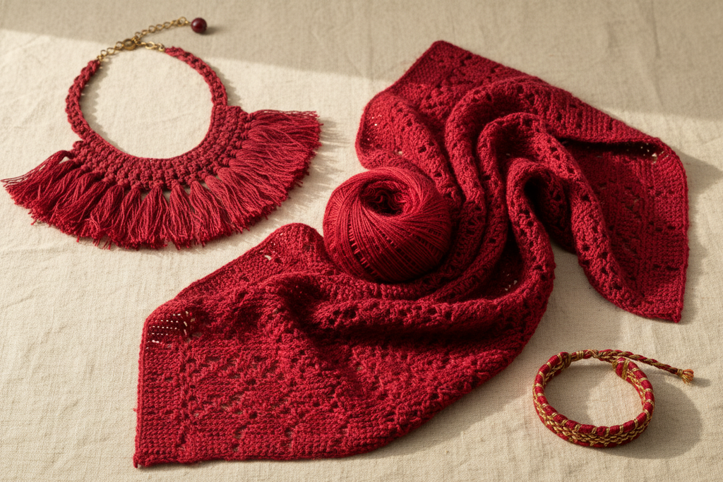 End Product Collage – Crimson Red Sari Silk Yarn