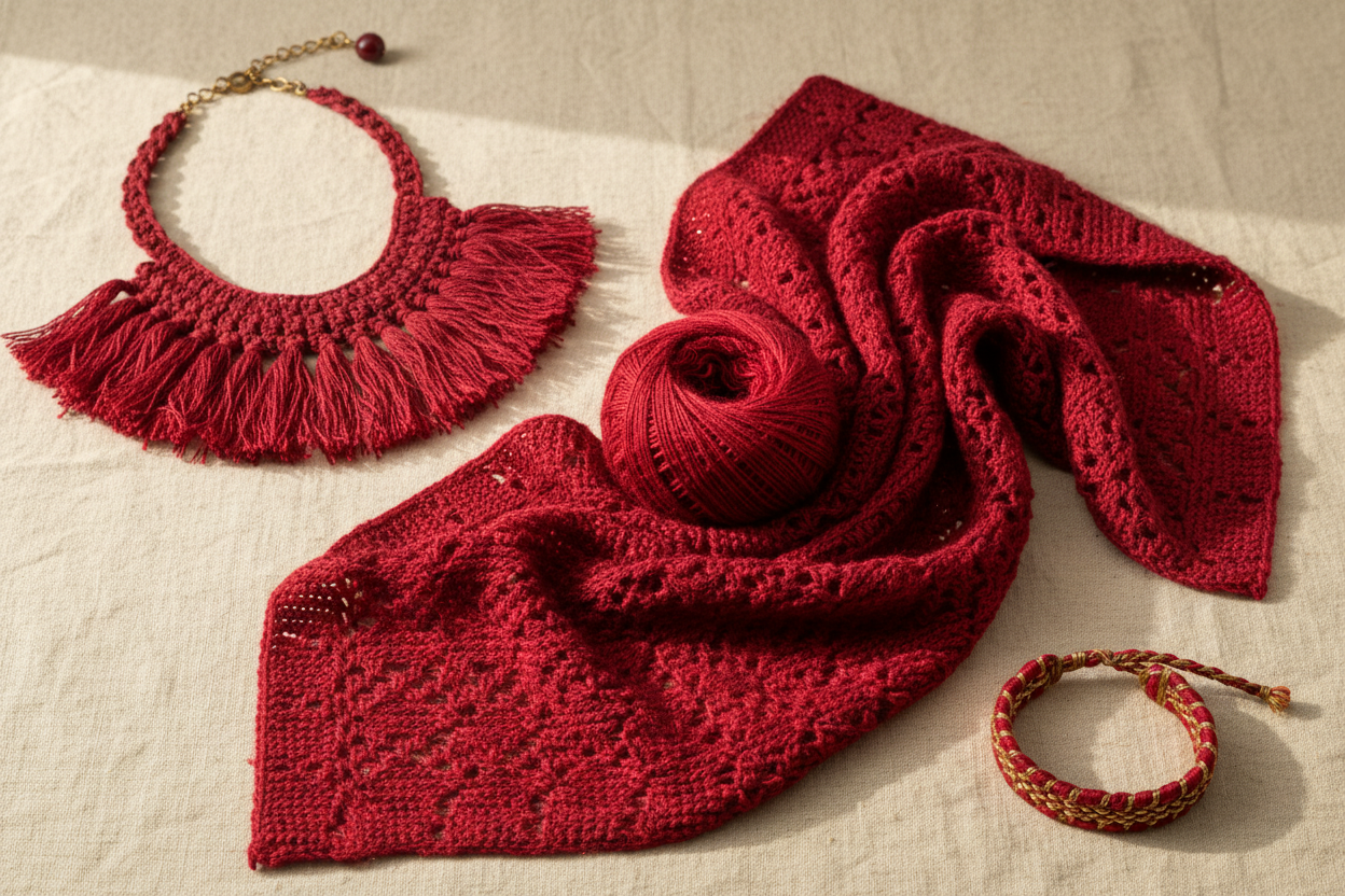 End Product Collage – Crimson Red Sari Silk Yarn