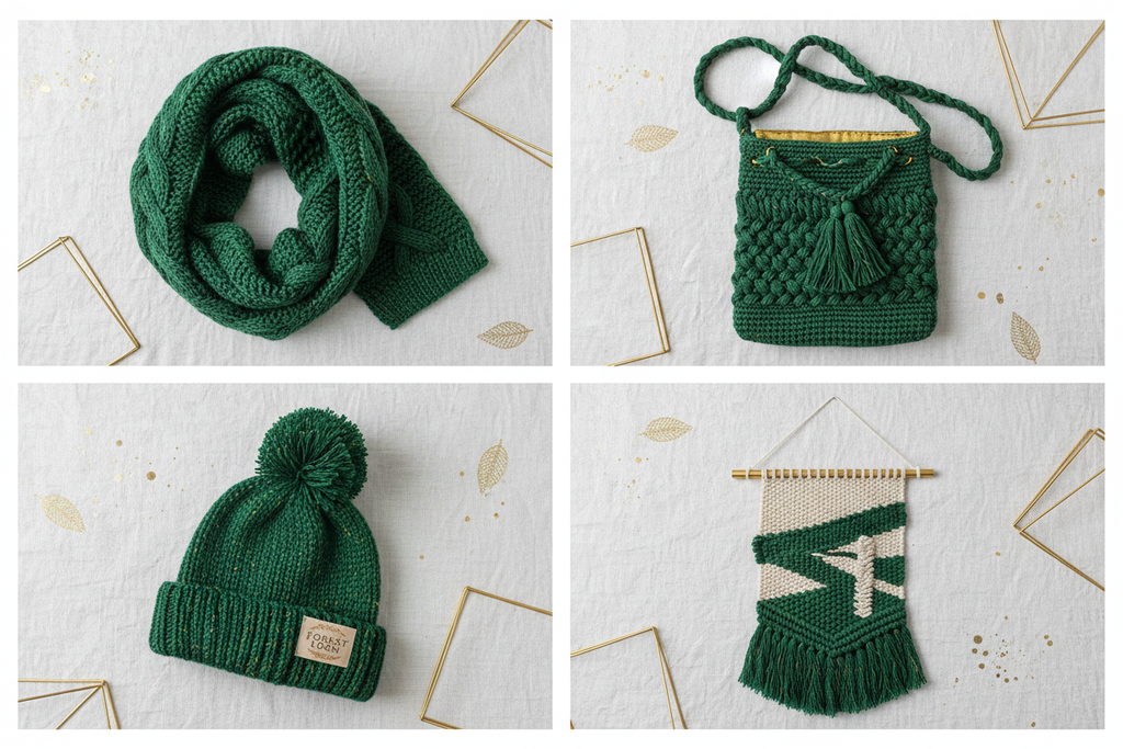 End Product Collage - Forest Green Sari Silk Yarn