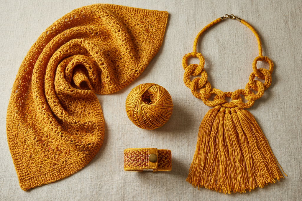 End Product Collage – Golden Yellow Sari Silk Yarn