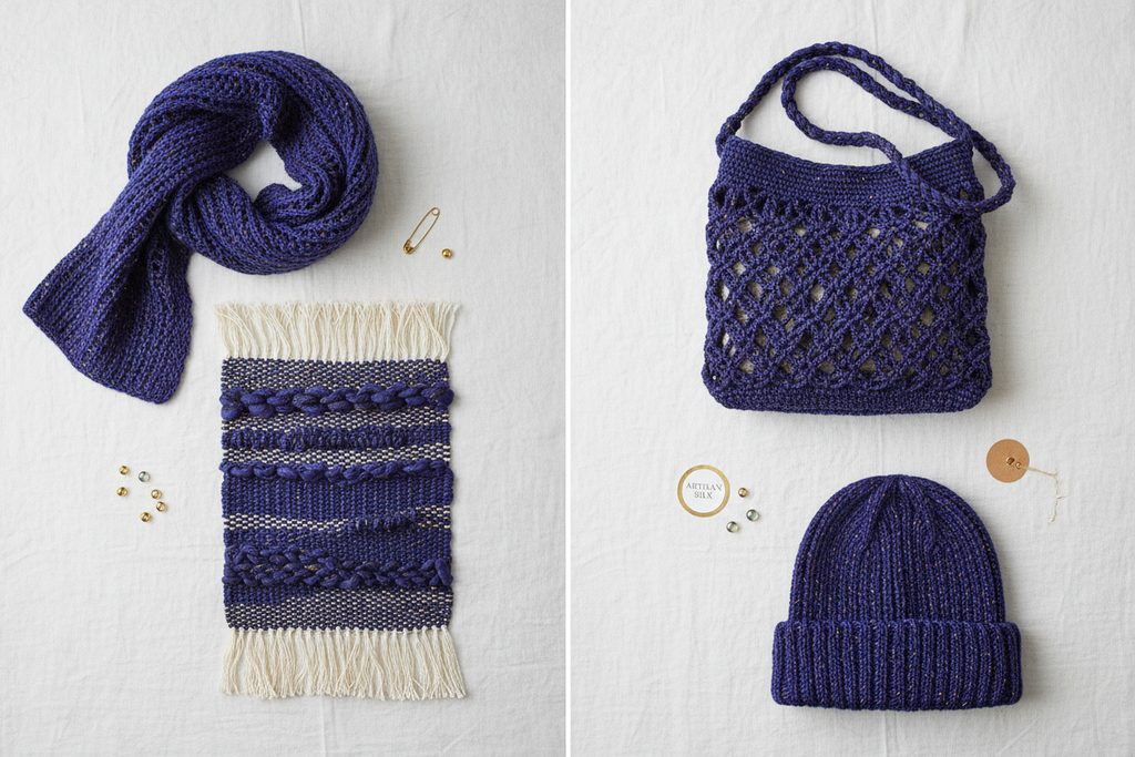 End Product Collage - Indigo Violet Blue Sari Silk Yarn