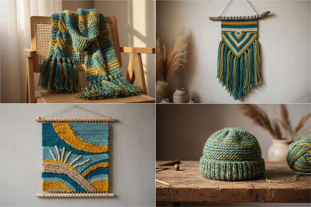End Product Collage – Knitsilk Turquoise & Yellow Yarn