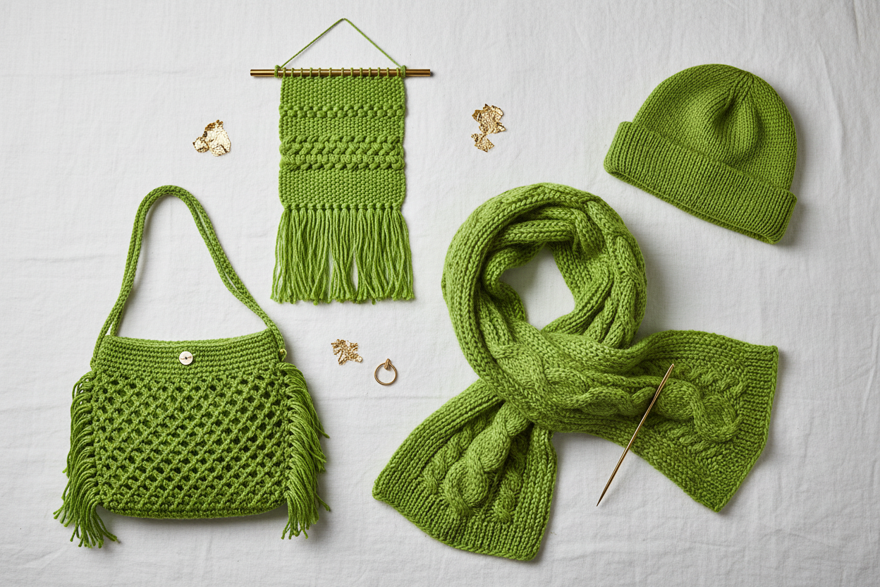 End Product Collage - Lime Green Sari Silk Yarn