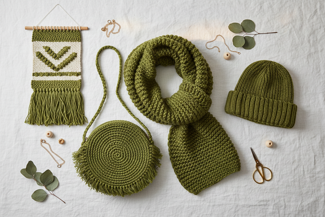 End Product Collage - Olive Moss Green Sari Silk Yarn