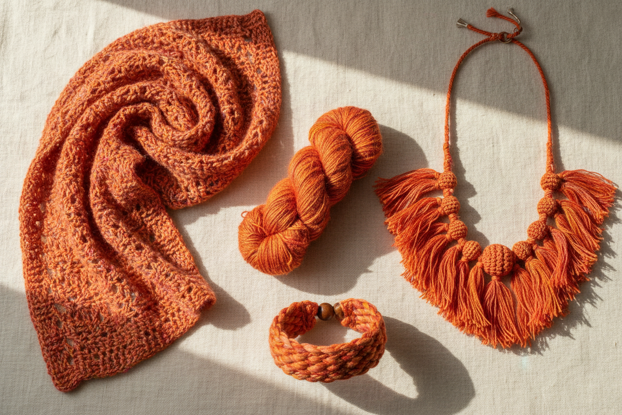 End Product Collage – Orange Sari Silk Yarn