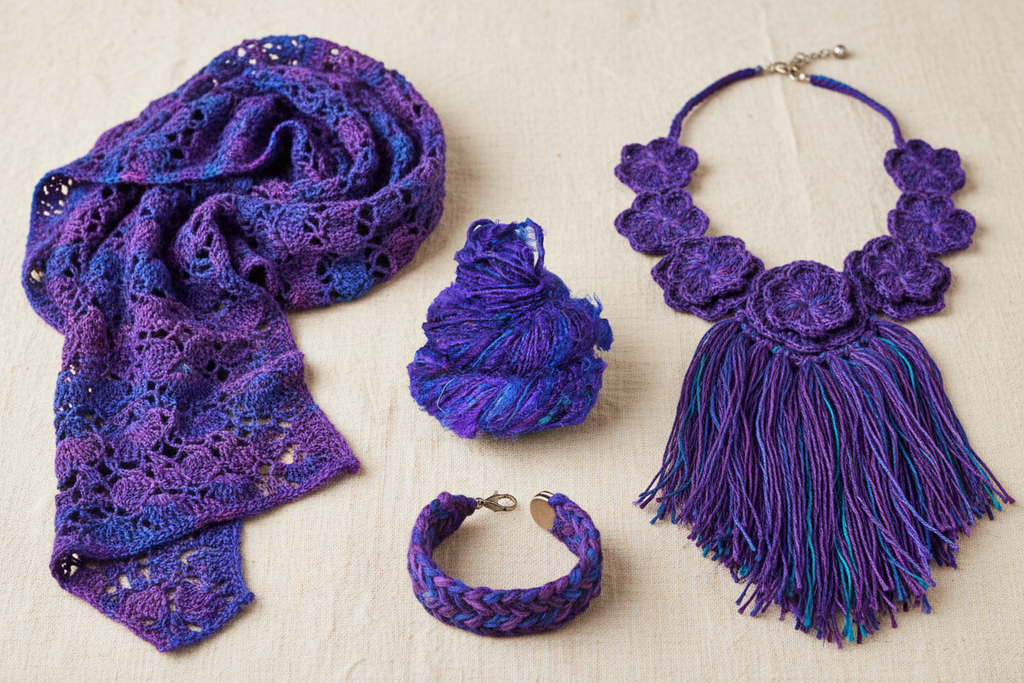 End Product Collage – Purple Blue Sari Silk Yarn