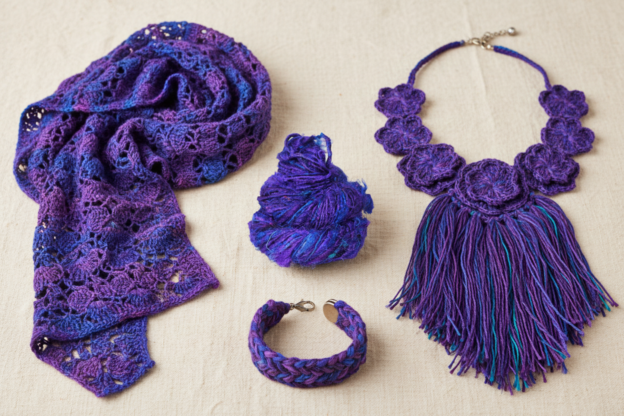 End Product Collage – Purple Blue Sari Silk Yarn