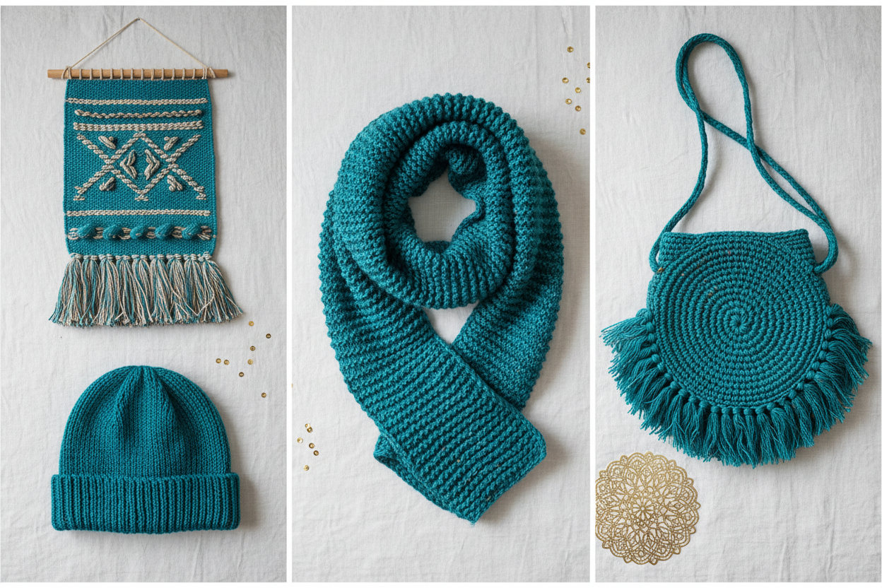 End Product Collage - Teal Peacock Blue Sari Silk Yarn