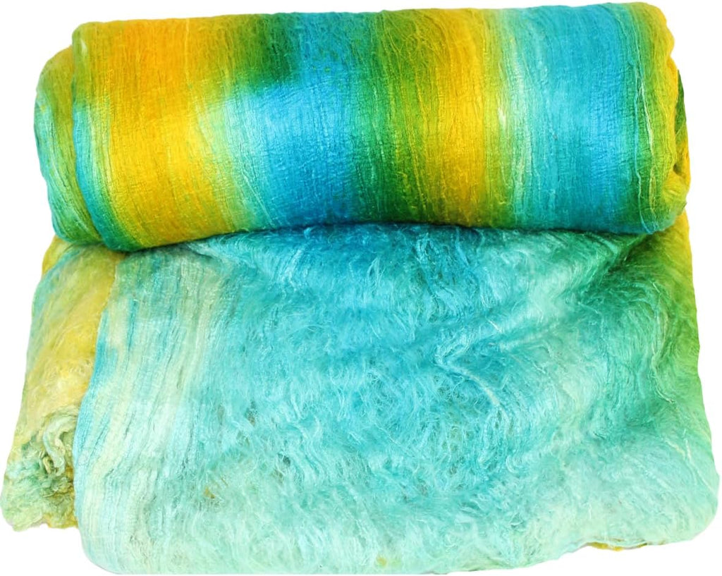 Knitsilk A-Grade Mulberry Silk Fiber 200g – Hand-Dyed - Aqua Blue and Yellow