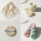 End product collage – knitted shawl, spun silk, needle felted art, hand-dyed skein made from Knitsilk Mulberry Silk Yarn