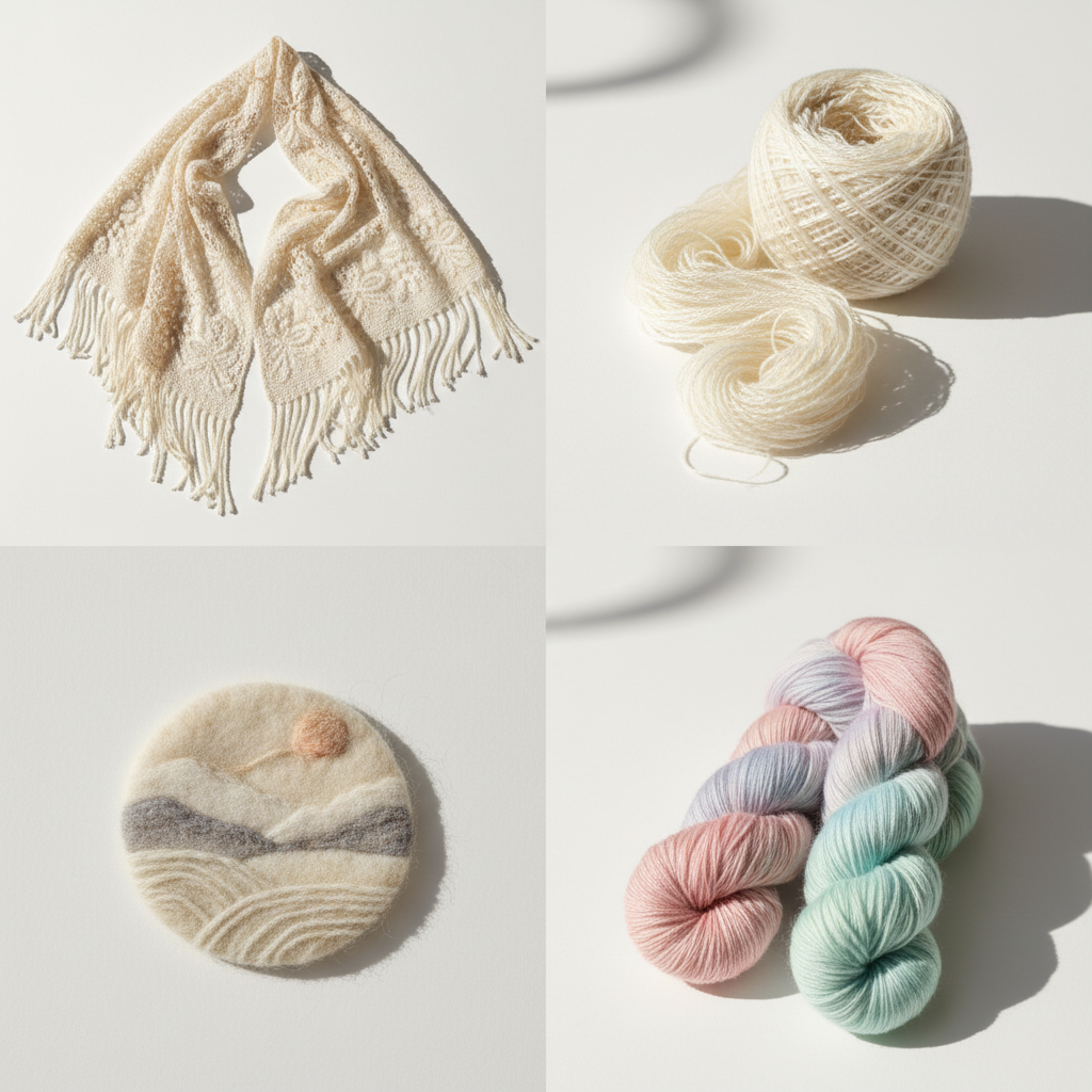 End product collage – knitted shawl, spun silk, needle felted art, hand-dyed skein made from Knitsilk Mulberry Silk Yarn