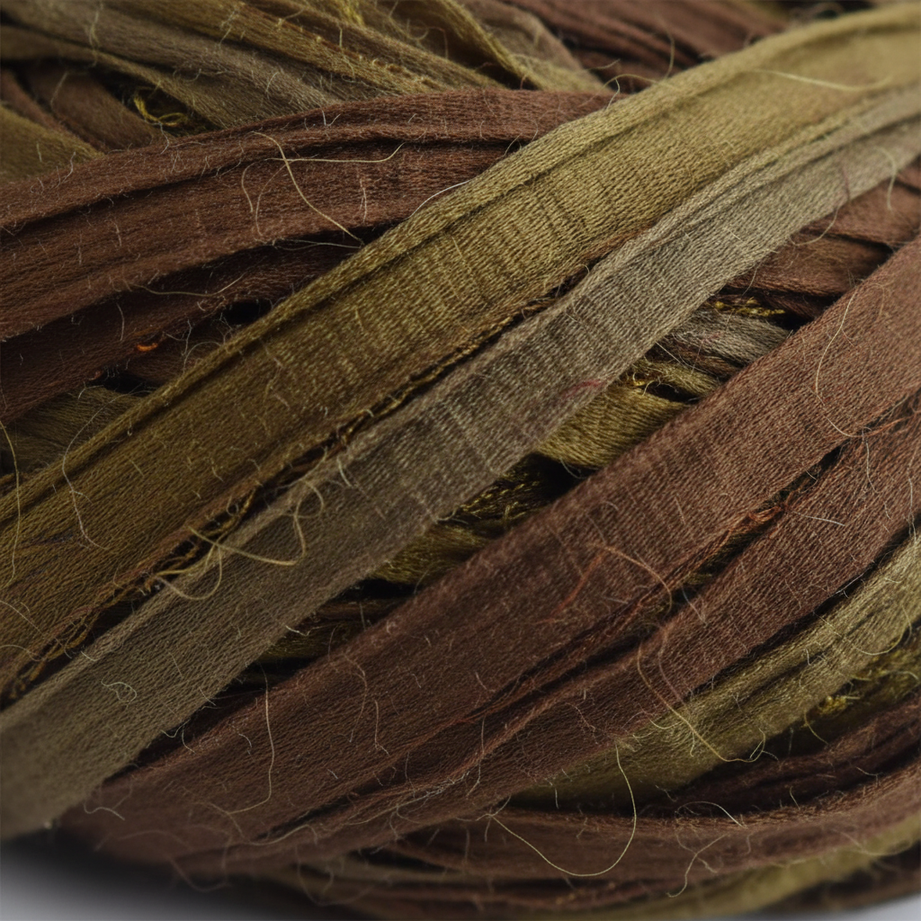 Macro close-up of KNITSILK earthy brown and olive recycled sari silk ribbon yarn showing flat weave texture and natural silk sheen