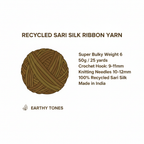 Infographic showing KNITSILK brown olive ribbon yarn specs: Super Bulky Weight 6, 50g/25 yards, crochet hook 9-11mm, knitting needles 10-12mm, Made in India