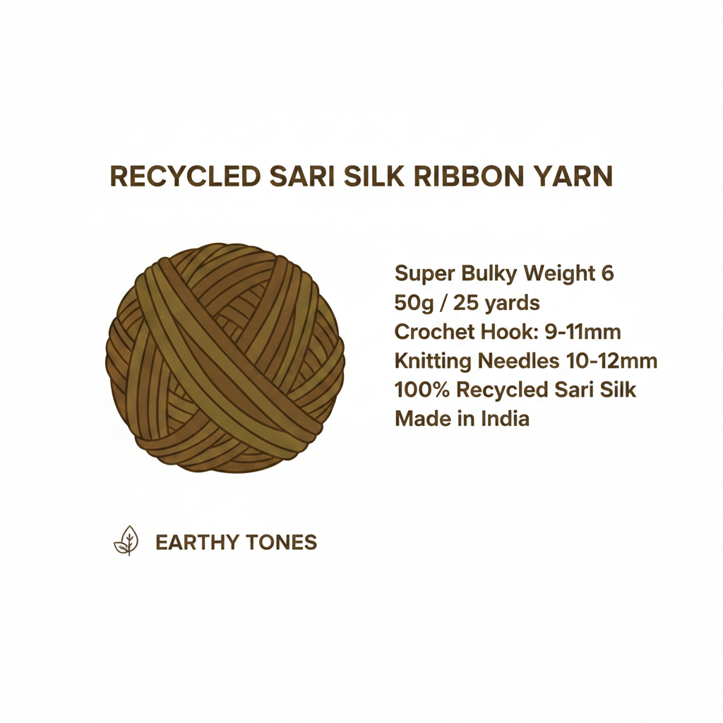 Infographic showing KNITSILK brown olive ribbon yarn specs: Super Bulky Weight 6, 50g/25 yards, crochet hook 9-11mm, knitting needles 10-12mm, Made in India