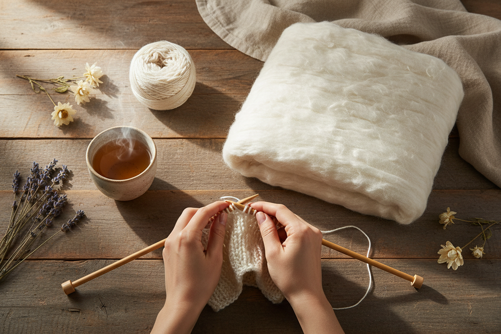 Lifestyle image – artisan knitting with natural white mulberry silk yarn, wooden needles, rustic table setting