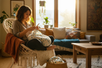 Lifestyle image of woman crocheting with KNITSILK white and blue polka dot sari silk ribbon yarn in a cozy bohemian living room