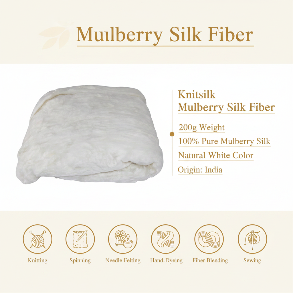 Knitsilk Mulberry Silk Fiber Yarn 200g infographic with product features and uses