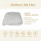 Knitsilk Mulberry Silk Fiber Yarn 200g infographic with product features and uses
