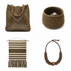 Collage of handmade items made from KNITSILK brown olive sari silk ribbon yarn: crochet tote bag, knitted basket, woven wall hanging, and macrame necklace