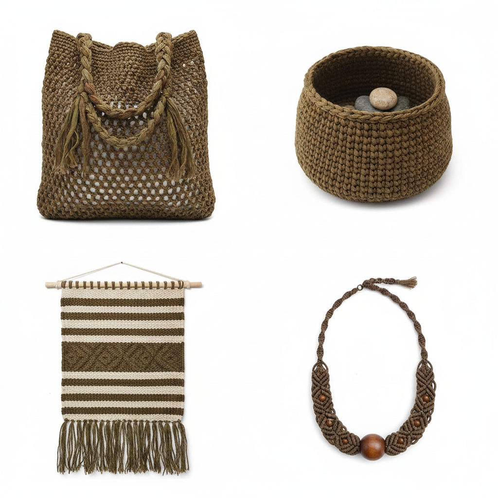 Collage of handmade items made from KNITSILK brown olive sari silk ribbon yarn: crochet tote bag, knitted basket, woven wall hanging, and macrame necklace