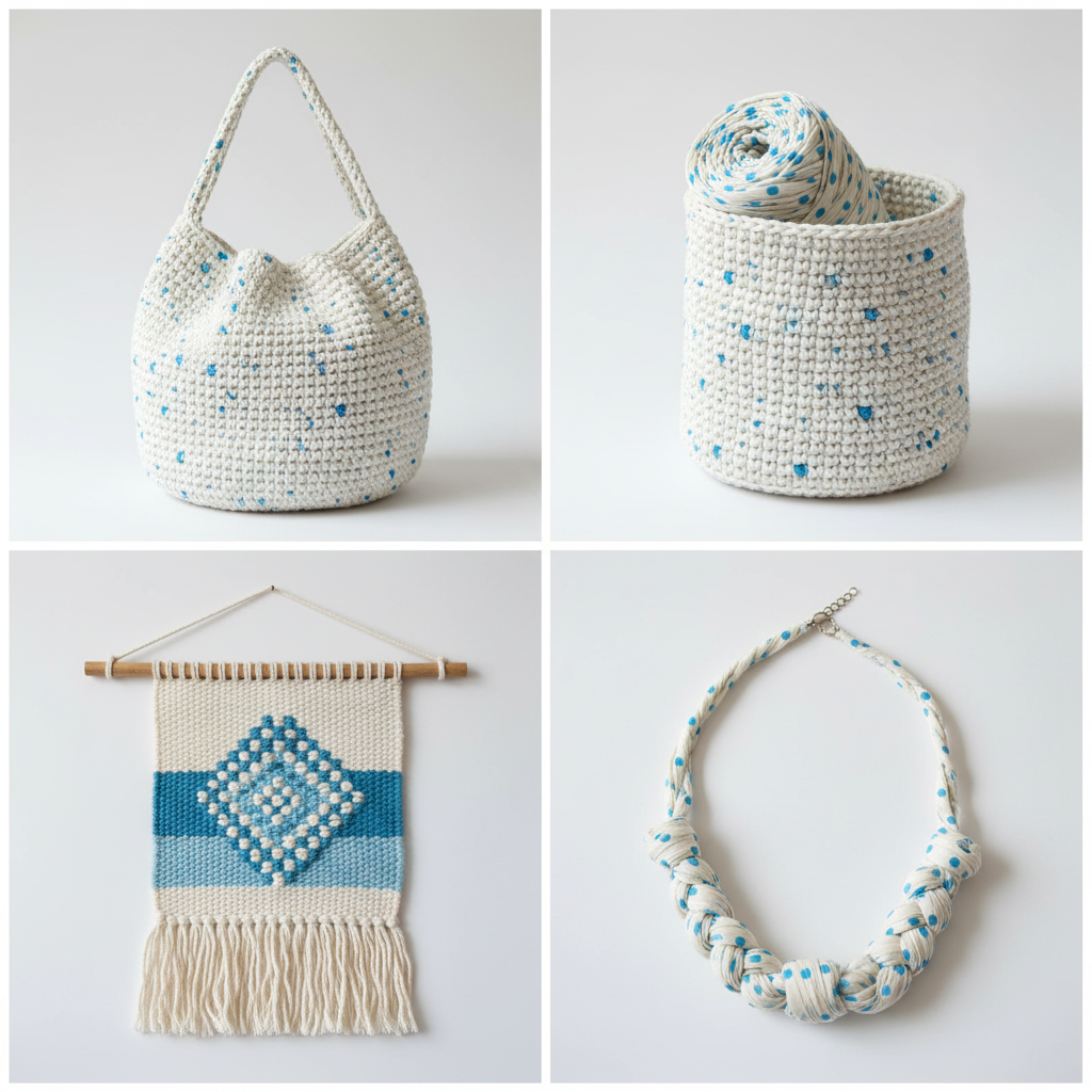 Collage of handmade items made from KNITSILK polka dot sari silk ribbon yarn: crochet bag, knitted basket, wall hanging, and jewelry