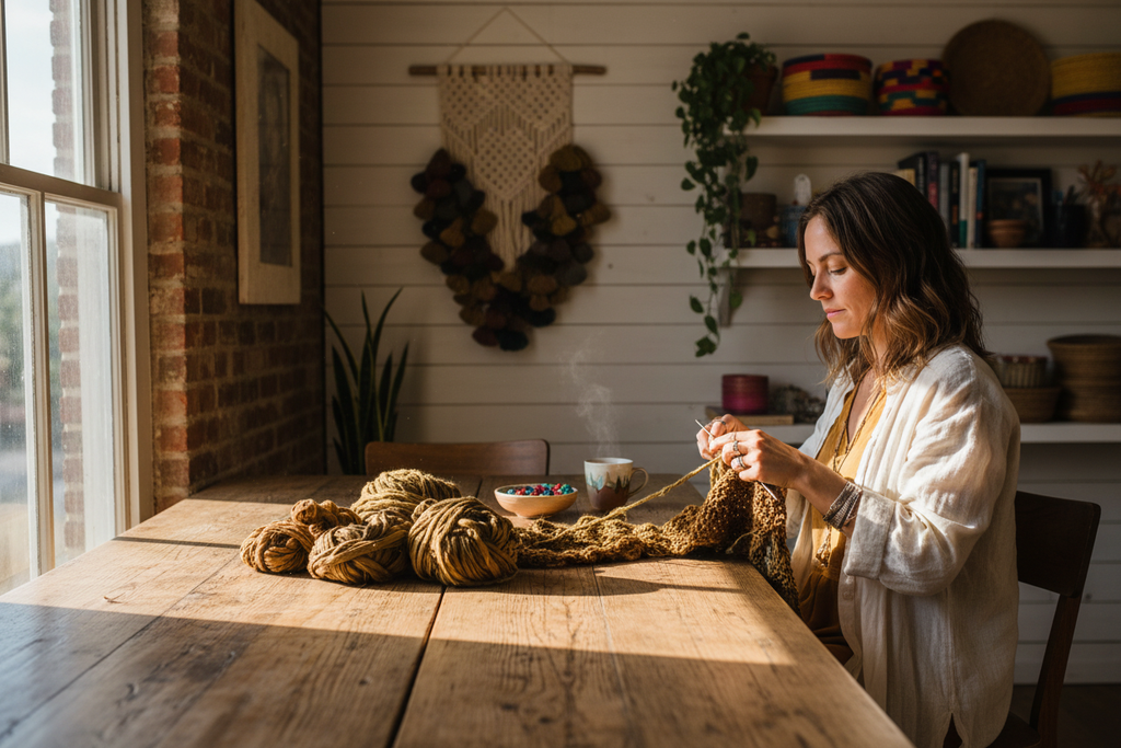 Lifestyle image of woman knitting with KNITSILK earthy brown and olive recycled sari silk ribbon yarn in a rustic bohemian studio
