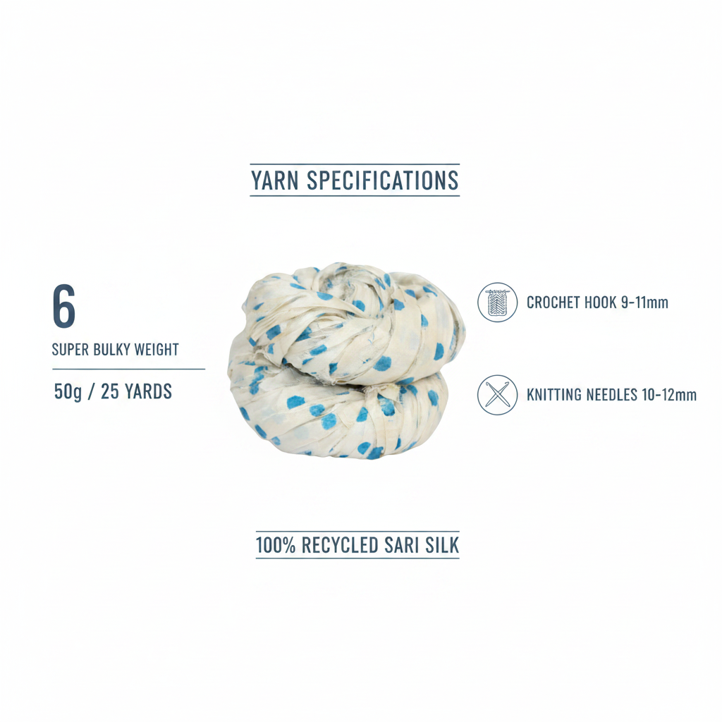 Infographic showing KNITSILK polka dot ribbon yarn specs: Super Bulky Weight 6, 50g/25 yards, crochet hook 9-11mm, knitting needles 10-12mm