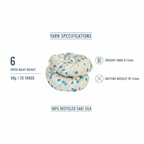 Infographic showing KNITSILK polka dot ribbon yarn specs: Super Bulky Weight 6, 50g/25 yards, crochet hook 9-11mm, knitting needles 10-12mm
