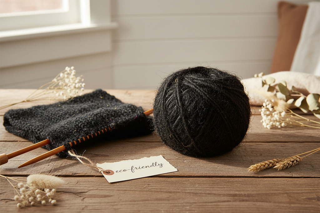 Lifestyle image - Black sari silk yarn with knitting needles and botanicals on rustic wood