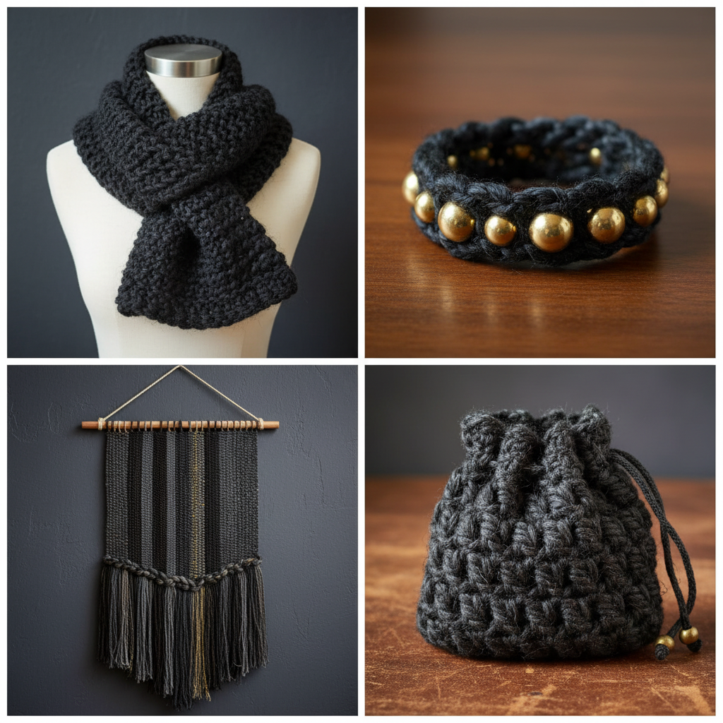 Collage of end products made with black sari silk yarn - scarf, bracelet, wall hanging, pouch